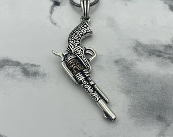 Oxidized Sterling Silver Pistol Pendant, Cowboy Style Necklace