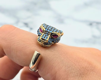 Sterling Silver Tiger Ring: Turquoise Stone Animal Jewelry