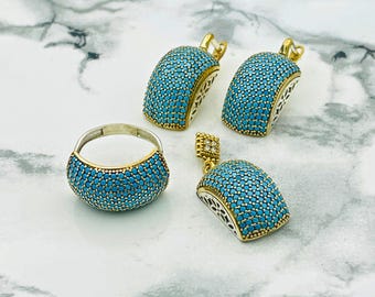 Turquoise Jewelry Set: Sterling Silver Ottoman Ring, Necklace & Earrings