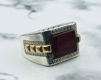 Sterling Silver Agate Stone Men's Ring - Turkish Ottoman Style
