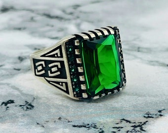 Emerald Stone Men's Ring: Handmade 925 Sterling Silver Ottoman Oxidized Ring