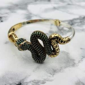 925K Silver Snake Bracelet: Emerald Micro Stone, Ottoman Handmade