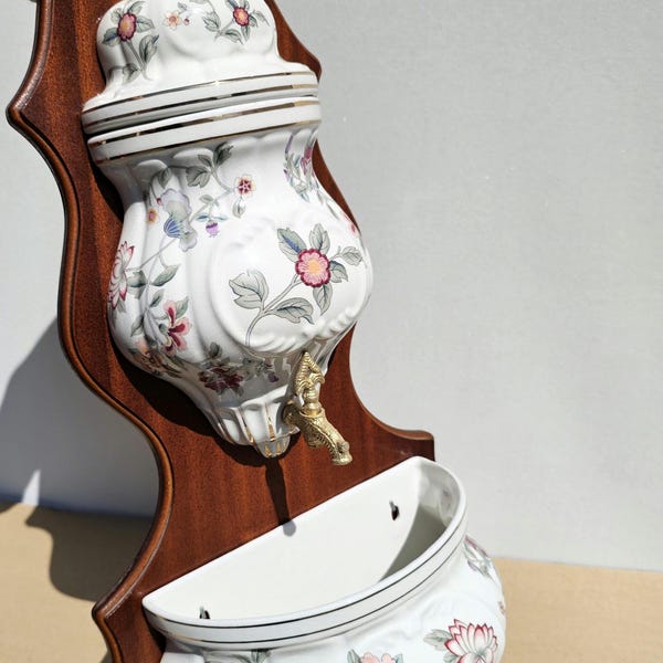 Antique style wall-mounted water dispenser, porcelain, decorative vase & basin with brass tap on a wooden base, French country decor, washbasin fountain