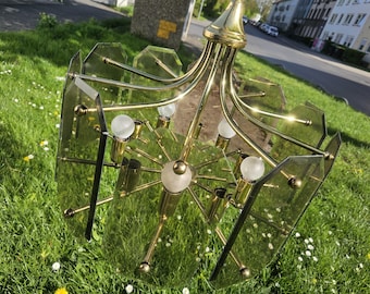 Lampadario vintage in rame con pannelli in vetro fumé, anni '70