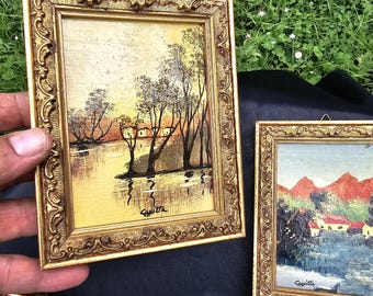Vintage Italian oil paintings, 2 miniature pictures