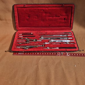 antyczny zestaw do rysowania, zestaw cyrkli chromowany 16-częściowy