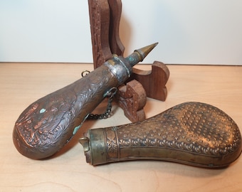 Vintage Victorian Copper and Brass Gun Powder Flasks Pair of Thermos Flasks x2 Pieces