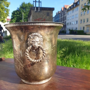 May include: A tarnished silver wine bucket with a lion's head and ring handle. The bucket has a wide, fluted rim and sits on a wooden surface. The background includes green grass, trees, and buildings.