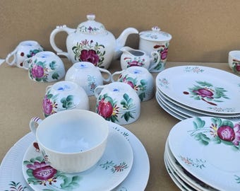 Service à thé August Warnecke Rose de Frise orientale | 21 pièces pour 6 personnes | Porcelaine vintage peinte à la main, comme neuve | Cafetière Rose de Frise orientale