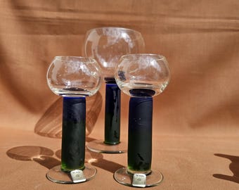 3 Vintage „La Vida“ Weingläser – mundgeblasen, Grünglas Stiel, 80er Jahre Retro