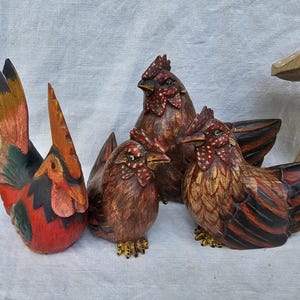 Wooden figures rooster chickens 4 figures sculptures
