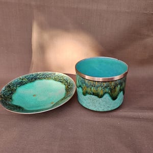 Ensemble de 2 bols et tasses en émail turquoise vert bleu