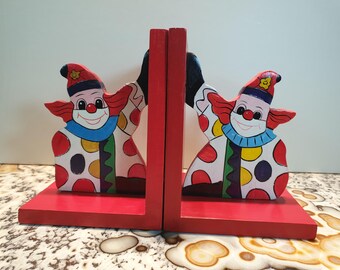 Vintage Handmade Painted Red Clown Bookends Decor, Wooden