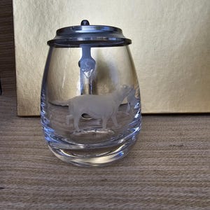 Bierkrug Glas Zinndeckel Jäger Muster Gravur