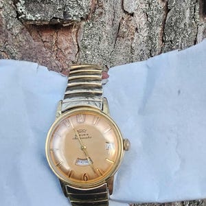 May include: A vintage Roxy Rubis Automatic wristwatch with a gold-toned face and a date display at the 3 o'clock position. The watch has a gold-colored case and a silver-toned, expandable band. The watch face displays the text "ROXY Rubis Automatic" and "ENSTAB".