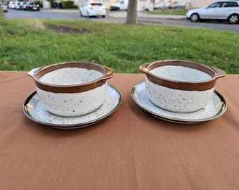 Vintage Stonehenge Midwinter Sun soup bowls a pair of 2 set white/brown MCM