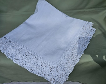 Linen tablecloth 160 x 200 cm, antique crocheted tablecloth, handmade