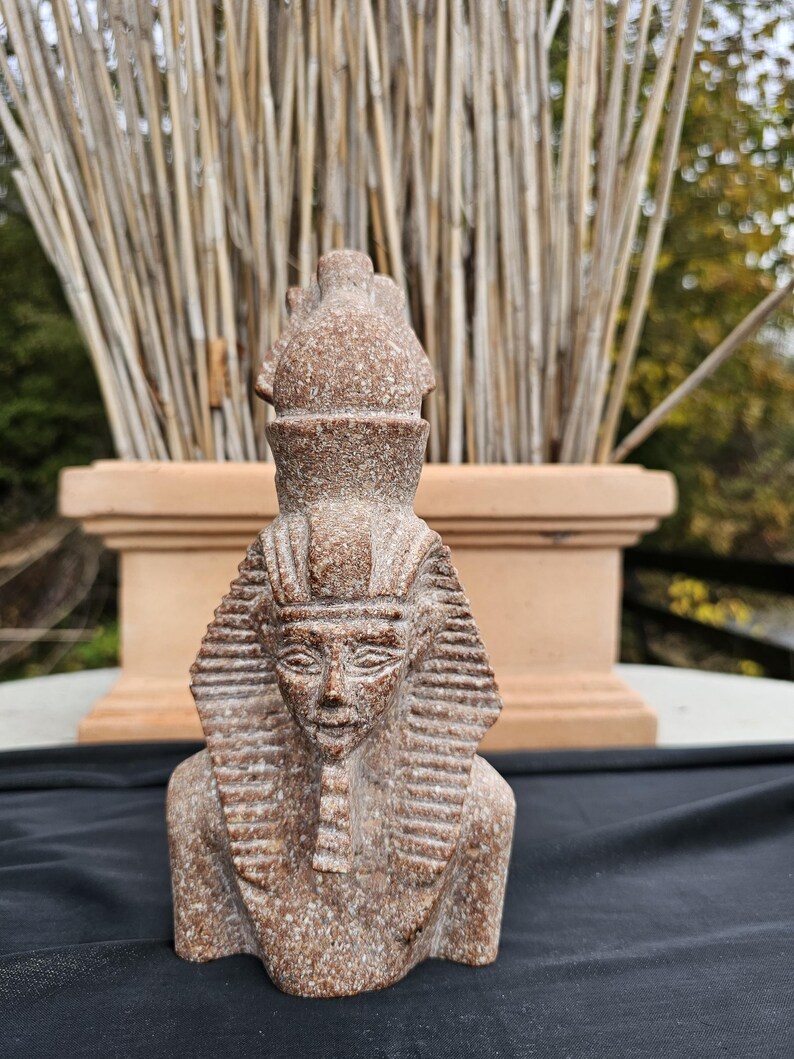 May include: A detailed, brown stone bust of an Egyptian pharaoh, featuring a traditional headdress and intricate facial details. The sculpture is set against a backdrop of dried reeds and a terracotta-colored planter.
