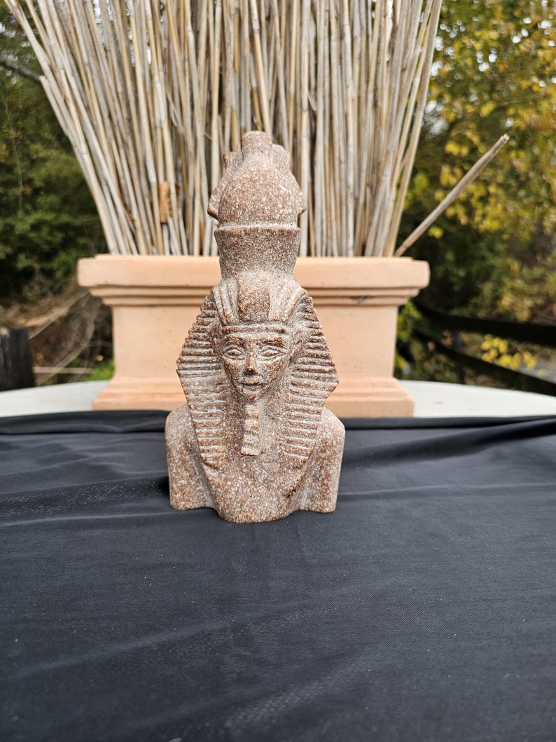 May include: A detailed, brown stone sculpture of an Egyptian pharaoh bust. The bust features a detailed headdress, a serene facial expression, and a traditional collar. The sculpture is set against a backdrop of natural elements, including a terracotta planter and tall, dried reeds.