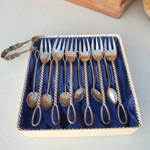 Cake Forks- Teaspoons - Silver 800- Set of 12 + Sugar Tongs