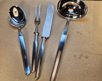 Silver salad serving set, spoons-forks, steak knife, ladle, 90 silver plating