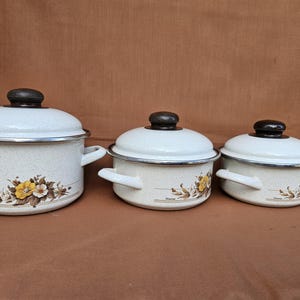 Pode incluir: Conjunto de três panelas vintage esmaltadas com tampas. As panelas são branco sujo com um padrão salpicado e um desenho floral em amarelo e castanho. Cada panela tem um botão castanho escuro na tampa e pegas brancas.