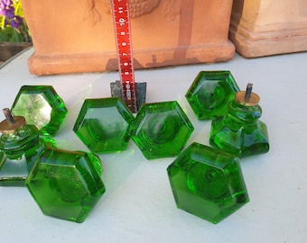 Victorian door handles, emerald green glass, hexagonal, 50 mm large, 1 piece
