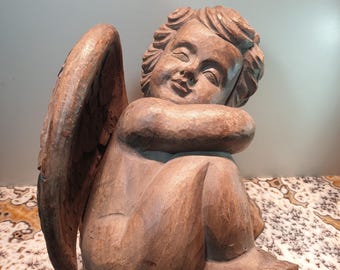 Angel garden statue, sleeping angel wood carving, 32 cm tall