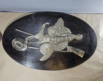 Vintage wall art with a hunting scene featuring a pheasant – silver-plated bronze – hunting decoration – relief wall art – 1960s/70s