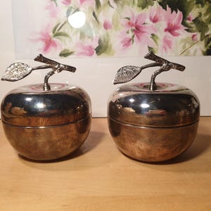 Op de afbeelding: Twee zilveren appelvormige dozen met een zilveren steel en bladdetail. De dozen zijn gesloten en staan op een houten oppervlak.