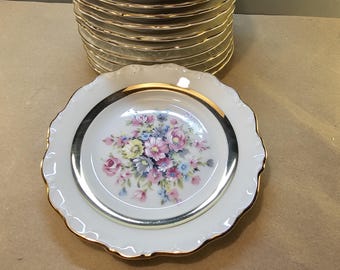 Cake plates with floral pattern and gold rim, 12 pieces, 150 mm diameter