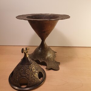 Vintage brass incense burner, ashtray with lid, foot, 1970s, ornate floral design, console table styling,