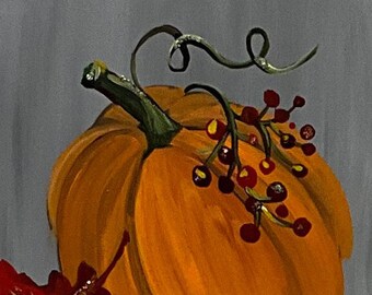 Peut inclure: Trois toiles peintes en gris sur le thème de l'automne. Chaque toile présente une seule citrouille orange avec des tiges et des feuilles vertes. Les citrouilles sont entourées de baies rouges et de feuilles d'automne.