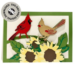 Tarjeta de felicitación con diseño SVG de Cardenales y Girasoles, una señal de amor y esperanza, un mensaje del cielo, una tarjeta celestial de Cardenales.