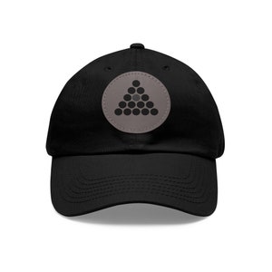 May include: A black baseball cap with a gray patch featuring a black geometric design of a triangle made of circles.