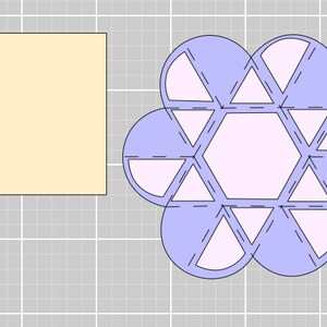 Puede incluir: Un diagrama que muestra c&oacute;mo doblar una flor de papel. La flor est&aacute; compuesta por seis p&eacute;talos, cada uno de los cuales es una combinaci&oacute;n de un tri&aacute;ngulo y un semic&iacute;rculo. Los p&eacute;talos est&aacute;n dispuestos en un c&iacute;rculo alrededor de un hex&aacute;gono central.