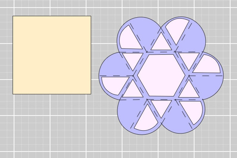 Puede incluir: Un diagrama que muestra c&oacute;mo doblar una flor de papel. La flor est&aacute; compuesta por seis p&eacute;talos, cada uno de los cuales es una combinaci&oacute;n de un tri&aacute;ngulo y un semic&iacute;rculo. Los p&eacute;talos est&aacute;n dispuestos en un c&iacute;rculo alrededor de un hex&aacute;gono central.