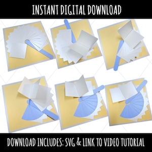 May include: A digital download graphic featuring six square designs with a fan-shaped element, a blue handle, and a white paper element. The designs are on a yellow background with the text "INSTANT DIGITAL DOWNLOAD" and "DOWNLOAD INCLUDES: SVG & LINK TO VIDEO TUTORIAL".