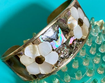 Vintage Mother Of Pearl Silver Cuff Bracelet