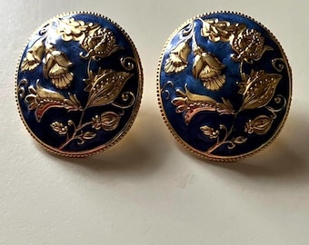 Vintage Edgar Berebi Blue Enamel Earrings With Floral Design Signed Estate Jewelry