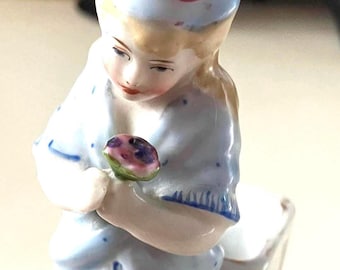 Antique Conta Boehme German Porcelain Figurine, Victorian Girl Holding Flowers, Bisque Piano Baby
