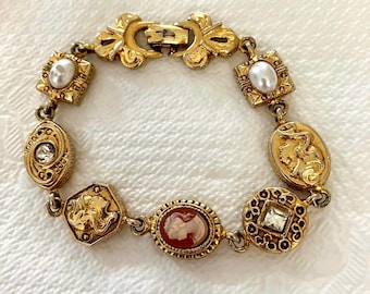 Vintage Goldette Charm Bracelet: Cameos, Faux Pearl, Rhinestones
