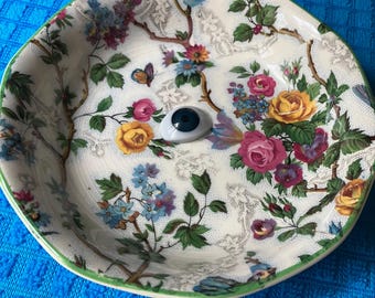 Vintage Floral Bowl with Evil Eye Home Decor (5 inch) Cottagecore Shelf Art Display Piece