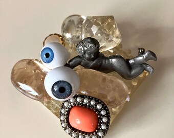 Handmade Resin Evil Eye Paperweight with Vintage Buttons, Cherub Desk Decor