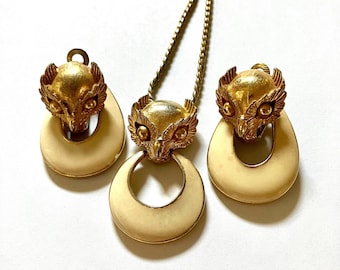 Goldette Owl Necklace Earrings Set, Retro Mid Century Costume Jewelry