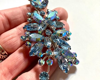 Signed Weiss Blue Watermelon Rhinestone Brooch, Mid Century Floral Cluster Pin