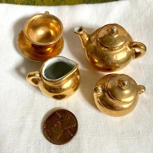 Miniature Teacup Dollhouse Tea Set With Gold Gilded Porcelain
