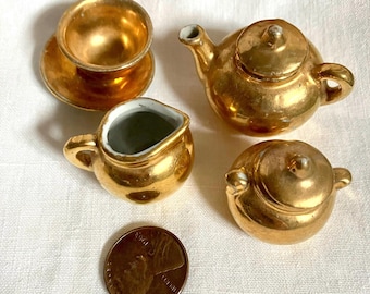 Vintage Doll Dishes Tea Set For Dollhouse Porcelain With Gold Gilded Finish Estate Toys