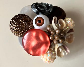 Handmade Resin Paperweight with Vintage Buttons, Evil Eye Charm, Desk Decor