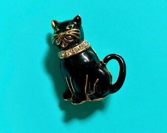 Vintage Monet Black Cat Brooch With Rhinestone Collar